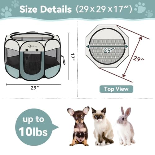 Siedihit Dog Cat Playpen, Puppy Pet Playpen Indoor for Small Dogs Tent Crates Cage Outdoor, Portable Pop Up Dog Kennel Playpen with Carrying Case for Dogs/Cats/Rabbits, Removable Zipper Top, Grey - Image 3