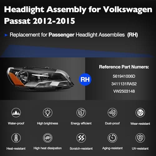 Misakomo Headlights Assembly - Chrome Housing Headlamps Compatible with Volkswagen VW Passat 2012-2015 - Replacement for 561941006D, 3411131RAS2, and VW2503148 - Passenger Side RH - Image 2