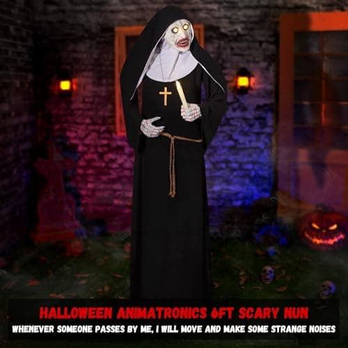Halloween Animatronics 6ft Nun Animated 72inch Sister Decoration with Motion Sensor Activated, Creepy Sound, Scary Move, Light Up Eyes, Haunted House Spooky Decor Horror Prop for Indoor, Outdoor, Yard - Image 6