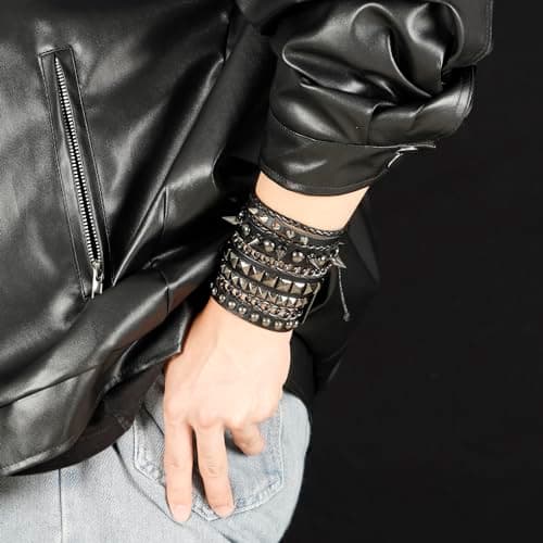 Eigso 3 Pcs Oldschool Cool Punk Steampunk Studded Spikes Rivets Vintage Leather Wide Bracelets for Men and Women with Adjustable Buckle - Image 4