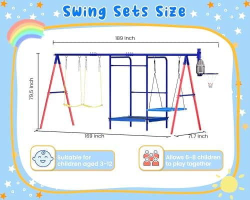 Swing Sets for Backyard, 5-in-1 Toddler Swing Set Outdoor for Backyard for Kids 3-12, Heavy Duty Extra Large Kids Metal Swing Set with 3 Swings Trampoline Basketball Hoop - Image 7