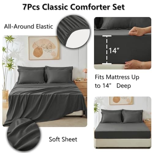 CozyLux Queen Comforter Set Dark Grey - Bed in a Bag Queen Size 7 Pieces, Luxury Soft Bed Set for All Seasons, Bedding Set with Down Alternative Comforter, Sheets, Pillowcases & Shams - Image 5