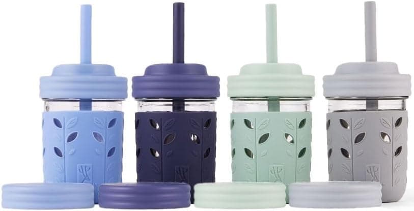 Elk and Friends Kids + Toddler Glass Cups | The Original 8oz Glass Mason Jar with Sleeves + Lids | Silicone Straws + Stopper | Smoothie Cup | Food Storage | Spill Resistant | Dishwasher Safe | 4 Pack Gray/Sage/MistyBlue/Navy 4 Pack - Image 2