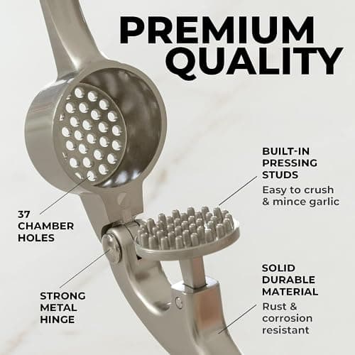 Zulay Kitchen Premium Garlic Press Set - Rust Proof & Dishwasher Safe Professional Garlic Mincer Tool - Easy-Squeeze, Easy-Clean with Soft, Ergonomic Handle - Silicone Garlic Peeler & Brush (Silver) - Image 4