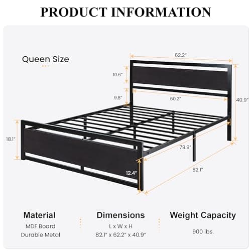 SHA CERLIN Queen Size Bed Frame with Modern Headboard, Heavy Duty Platform Metal Base with Square Footboard and 13 Strong Slats Support, No Box Spring Needed, Black - Image 2