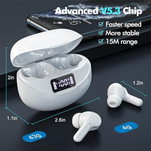 Beniduck Wireless Earbuds Bluetooth 5.3 Headphones HiFi Stereo, Wireless Earphones with Noise Cancelling Mic, 50H Playback Ear Buds with LED Digital Display for iOS/Andriod - White - Image 2
