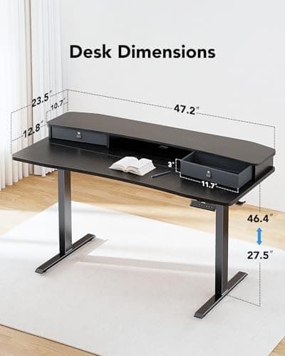 HUANUO 48″ x 24″ Electric Standing Desk with 2 Drawers, C-Clamp Mount Compatible, Height Adjustable Computer Desk, Home Office Stand Up Desk with 4 Preset Heights & 2 Hooks, Black - Image 2