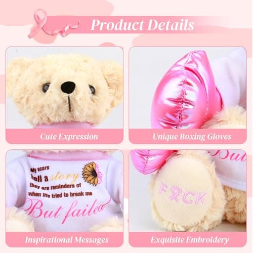 Breast Cancer Awareness Stuffed Bear Plush – 8" Fuck Cancer Teddy Bear Stuffed Animal Toy with Pink Boxing Gloves, Breast Cancer Comfort Gifts for Women, Inspirational Gift For Cancer Warrior Fighter - Image 2