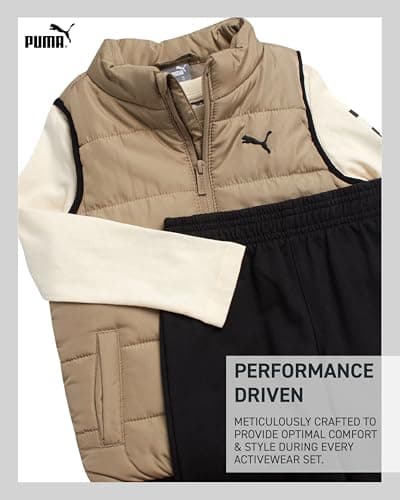 PUMA Toddler Boys Pants Set - 3 Piece Long Sleeve Shirt Kids Puffer Vest and Boys Pants Clothing Set (Sizes: 2T-7), Size 4T, Light Brown - Image 3