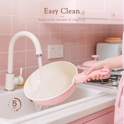 Astercook 21 Pcs Pots and Pans Set Non Stick, Ceramic Cookware Set Detachable Handle, RV Kitchen Cooking Set Removable Handles, Oven Safe, Induction Ready, Stackable Non-stick Set, Pink - Image 8