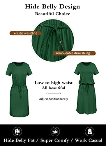 Women Summer Sleeve Pocket Modest Work Casual Midi Knee Dress Polka Dot Green L - Image 5