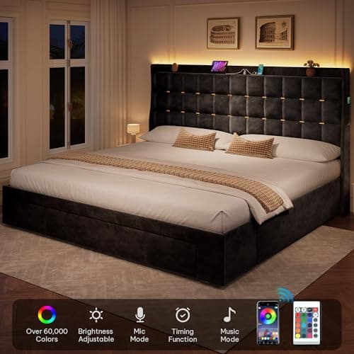 YITAHOME King Size Bed Frame with 3 Storage Drawers and RGB LED Lights, Velvet Upholstered Bed with Charging Station and Storage Headboard, No Box Spring Needed, Easy Assembly, Noise-Free, Black - Image 3