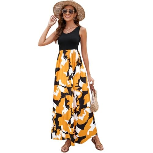 Sherosa Women's Summer Sleeveless Boho Maxi Dresses Chevron Striped Floral Print Casual Long Sundress(Black Brown Yellow,Medium) - Image 4