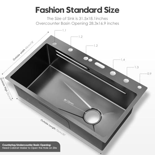 30x18 Dual Waterfall Kitchen Sink,Modern Kitchen Sink with 4 in 1 Faucet,Black Stainless Steel Single Bowl Digital Smart Sink with Pull-Out Faucet,Multifunctional Workstation Sinks with Nano Honeycomb - Image 5