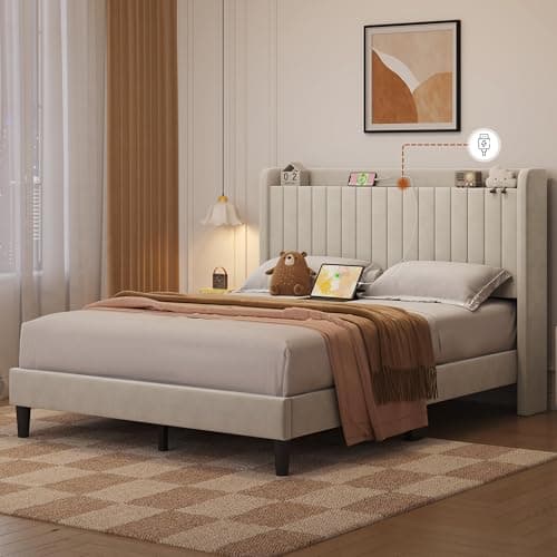 Yaheetech Queen Bed Frame with USB Charging Station and Storage Shelf/Upholstered Headboard Platform Bed with Wing Side/Wooden Slats Support/Noise Free/No Box Spring Needed/Easy Assembly, Beige - Image 9