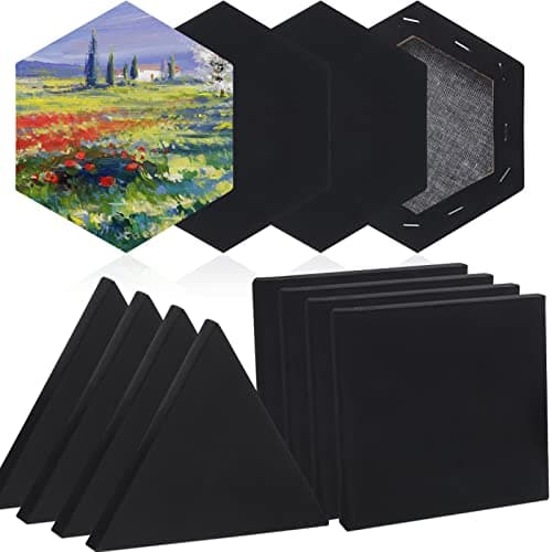 Epakh 12 Pcs Black Canvas for Painting Stretched Canvas Cotton Square Triangle Hexagon Blank Boards Panels Art with Frame Panel Stretched Boards for Oil Acrylic(8 Inch)