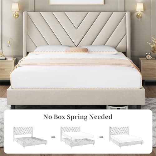 Yaheetech Queen Bed Frame Upholstered Platform Bed with Wing Side/Wooden Slat Support/Tufted Headboard with Wing Side/Mattress Foundation/No Box Spring Needed,Beige Queen Bed - Image 8