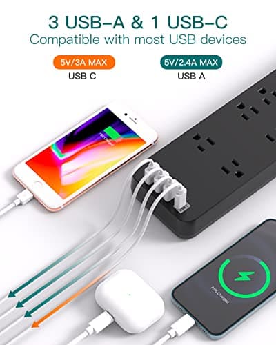 Power Strip - Addtam Surge Protector with 10 Outlets and 4 USB Ports, 6 Feet Extension Cord with Flat Plug, 2700 Joules, ETL Listed, Black - Image 3