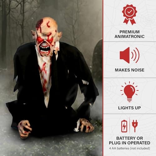 Haunted Hill Farm Damien by Tekky, Battery-Operated, Motion and Sound Activated Animatronic Zombie with Sound Effects and Lights for Indoor or Covered Outdoor Creepy Halloween Decoration - Image 4