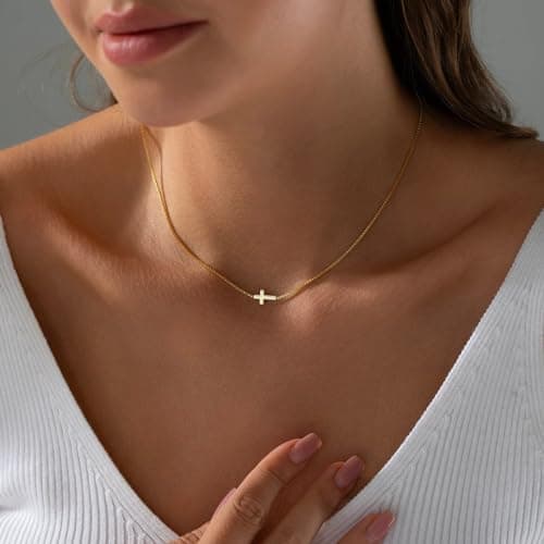 Rotnso Cross Necklace for Women 14K Gold Plated Dainty Small Sideways Cross Pendant Choker Simple Trendy Cute Cross Charm Box Chain Necklace Easter Basket Stuffers Baptism Religious Faith Jewelry Gift - Image 3