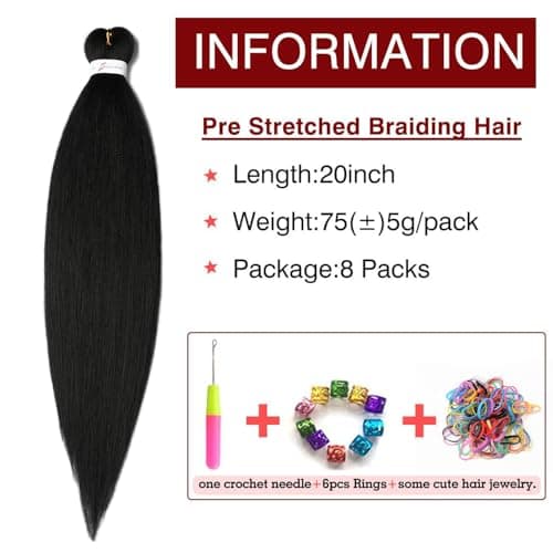 Pre Stretched Braiding Hair 20 Inch 8 Packs Natural Black Braiding Hair Pre Stretched Professional Soft Yaki Texture, Hot Water Setting Hair Extensions for Braids (20inch,#1B) - Image 2