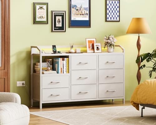 KKL White Dresser for Bedroom with Light Strip & Power Outlet — 8 Drawers Dressers & Chest of Drawers with Shelf, Wood Top, Metal Frame, Wide Dressers for Girls Bedroom, Living Room, Hallway, Closet - Image 3
