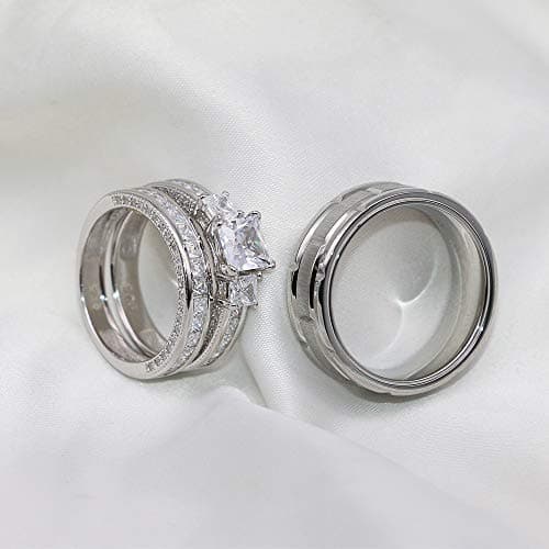 TWO RINGS Wedding Ring Sets His And Hers Promise Ring Couples Bridal Sets Women 925 Sterling Silver square Cz Man Stainless Steel Brushed Finished Wedding Bands - Image 5