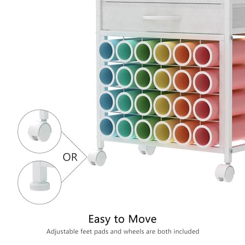 VENNQD Organizer and Storage Stand Compatible with Cricut Machines,Rolling Storage Cart/Shelf with 24 Vinyl Roll Holders，2 Fabric Drawer,Accessories Holder,Tool Hook for Craft Room Home (white) - Image 6
