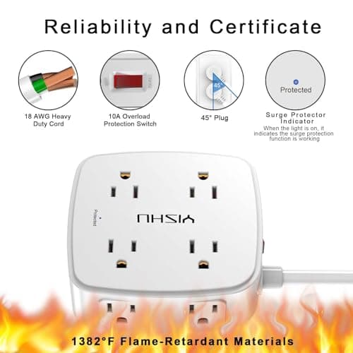 6 Ft Surge Protector Power Strip - 8 Widely Outlets with 4 USB Ports, 3 Side Outlet Extender with 6 Feet Extension Cord, Flat Plug, Wall Mount, Desk USB Charging Station, ETL,White - Image 6