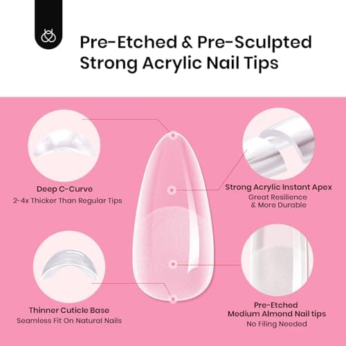 Beetles Tipex Gel Nail Kit, Medium Almond Nail Tips 224 Pcs 16 Sizes Pre-Building Pre-Etched Thick Acrylic Tips with Tipex Glue, Mini Lamp - Image 8