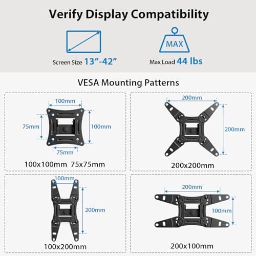 Pipishell Full Motion TV Monitor Wall Mount Bracket Swivel Tilt Extension Rotation for Echo Show 21/15 and Most 13-42 Inch LED LCD Flat Curved Screen TVs & Monitors, Max VESA 200x200mm up to 44lbs - Image 4