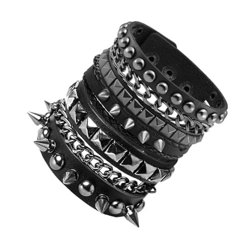 Eigso 3 Pcs Oldschool Cool Punk Steampunk Studded Spikes Rivets Vintage Leather Wide Bracelets for Men and Women with Adjustable Buckle - Image 2