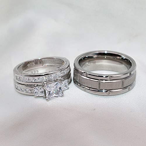 TWO RINGS Wedding Ring Sets His And Hers Promise Ring Couples Bridal Sets Women 925 Sterling Silver square Cz Man Stainless Steel Brushed Finished Wedding Bands - Image 3