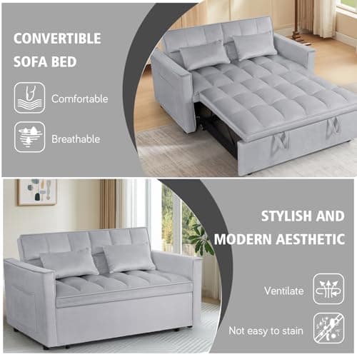 3 In 1 Velvet Convertible Sofa Bed, Pull Out Couch Bed with Reclining Backrest And 2 Pillows, 54" Full Size Loveseat Sleeper Sofa Futon Couch Bed, Couches For Small Spaces, Living Room (Silver Grey) - Image 4
