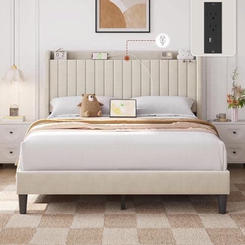 Yaheetech Queen Bed Frame with USB Charging Station and Storage Shelf/Upholstered Headboard Platform Bed with Wing Side/Wooden Slats Support/Noise Free/No Box Spring Needed/Easy Assembly, Beige - Image 3