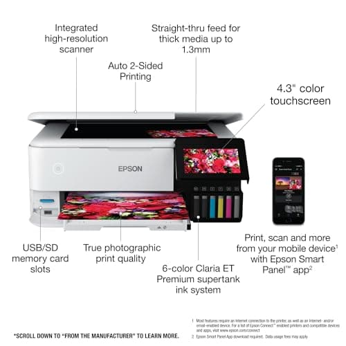 Epson EcoTank Photo ET-8500 Wireless Color All-in-One Supertank Printer with Scanner, Copier, Ethernet and 4.3-inch Color Touchscreen, White, Large - Image 2