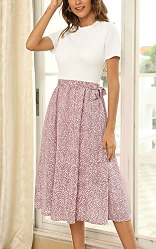 Zattcas Summer Midi Dress for Women Pocket Dress with Sleeve White Mauve M - Image 3