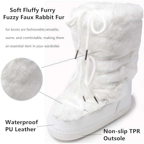 ZHENAIYISHENG Faux Fur Boots for Women - Fuzzy Fluffy Furry Water Resistant Snow Boots for Women - Anti-Slip with Cotton Sponge Lined and TPR Rubber Sole Black White Fur Boots white 8 9 - Image 4