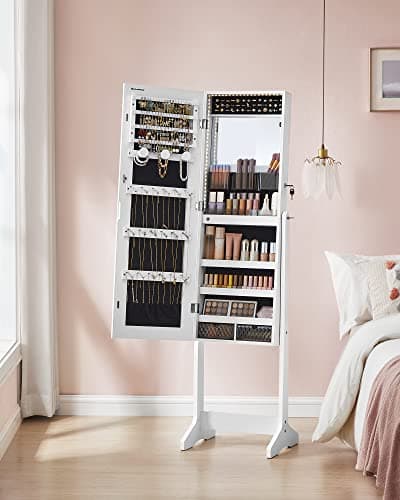 SONGMICS Mirror Jewelry Cabinet Standing Armoire Organizer, Jewelry Storage with Full-Length Frameless LED Lights, Built-in Makeup Mirror, 2 Drawers, Lockable, White UJJC023W01 - Image 9