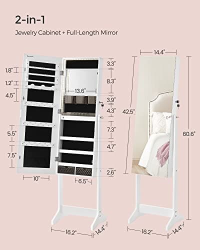 SONGMICS Mirror Jewelry Cabinet Standing Armoire Organizer, Jewelry Storage with Full-Length Frameless LED Lights, Built-in Makeup Mirror, 2 Drawers, Lockable, White UJJC023W01 - Image 6