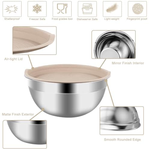 WEPSEN Mixing Bowls Set, 27PCS Khaki Mixing Bowls With Lids Set Stainless Steel Kitchen Large Nesting Metal Bowl 7QT to 1.5QT, Measuring Cups and Spoons for Prepping Cooking Serving - Image 5
