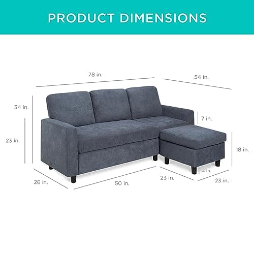 Best Choice Products Upholstered Sectional Sofa for Home, Apartment, Dorm, Bonus Room, Compact Spaces w/Chaise Lounge, 3-Seat, L-Shape Design, Reversible Ottoman Bench, 680lb Capacity - Blue/Gray - Image 3