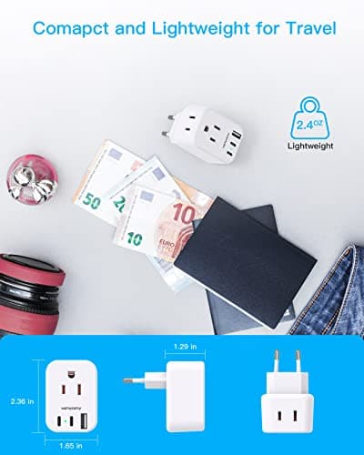 European Travel Plug Adapter USB C, HANYCONY International Plug Adapter, US to Europe Adapter Plug 2 Outlets 3 USB Ports(2 C Port), Type C Power Adapter to Italy Spain France Portugal Iceland Germany - Image 4