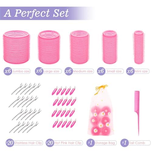 5 Size Hair Rollers, 72Pcs Roller Set, Hair Curlers for Blowout Look Long, Short Hair, Jumbo Large Big Small 30 Hair Rollers, 40 Roller Clips, Tail Comb, Storage Bag - Image 2
