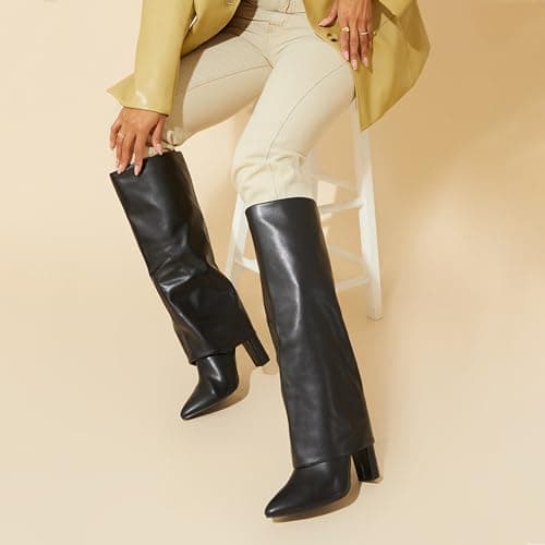 Modatope Women's Black Tall Boots, Fold Over Knee High, Block Heel, Size 7 - Image 4