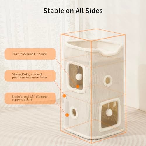 Cat Beds for Indoor Cats, Cat House 2-Story, Cat Condo with Stable Frame and Large Scratch Pad, 24'' Durable Cat Cube Playhouse with Dangling Balls, Perfect for Multiple Pets - Image 4