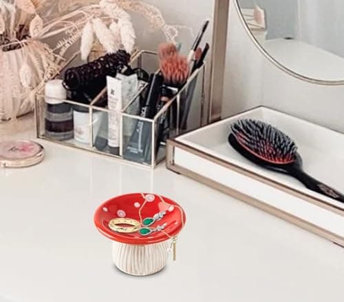 dgudgu Mushroom Ring Holder Jewelry Tray Red Dish Ceramic Trinket Storage Jar Mini Engagement Ring Holder - Image 6