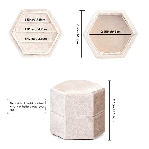 WantGor Velvet Jewelry Ring Box, 3 Slots Hexagon Ring Gift Box Vintage Ring Display Holder Case for Wedding Ceremony Proposal Engagement (Beige, 3 Slots) - Image 3
