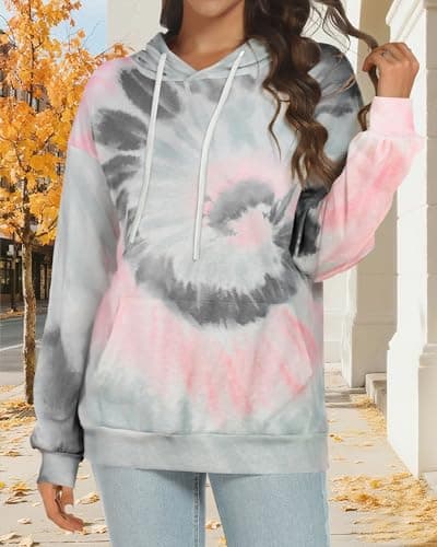 rosemia Womens 2023 Hooded Drawstring Pullover Sweatshirts Casual Long Sleeve Basis Tops Shirts(Grey Pink Tie Dye,XL) - Image 6