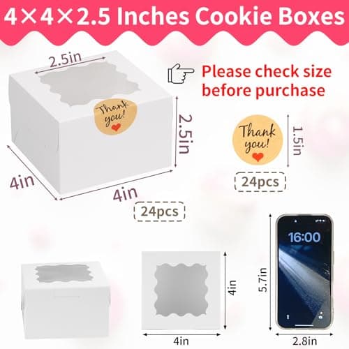 WINKIO 24pcs White Cookie Boxes, 4x4x2.5 Inches Bakery Boxes with Window, for Mini Cake Treat Dessert Pastry Donuts Macaroon Strawberries Chocolate Candy (with Stickers) - Image 2